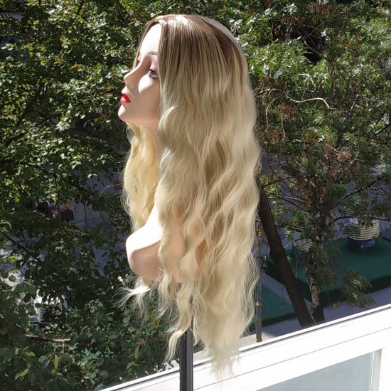 Ankara Kızılay Fiber Sentetik Peruk Uzun Dalgalı Kumral Koyu Platin Ombre