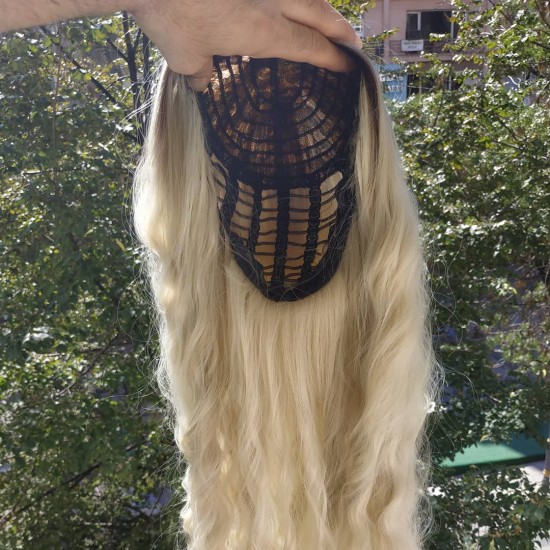 Ankara Kızılay Fiber Sentetik Peruk Uzun Dalgalı Kumral Koyu Platin Ombre