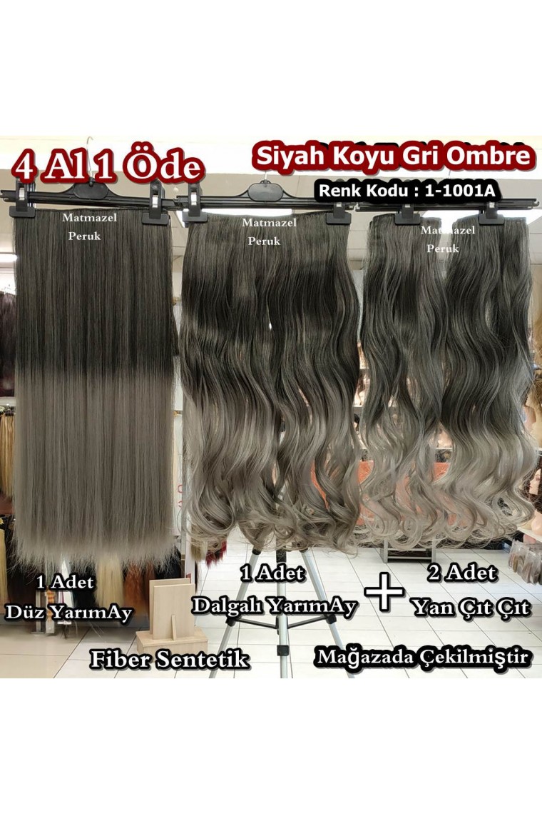 1 Adet YarımAy Çıt Çıt Düz 1 Adet  YarımAy ÇıtÇıt Dalgalı 2 Adet Yan ÇıtÇıt Dalgalı Fiber Sentetik Postiş Saç Siyah Koyu Gri Ombre Renk Kodu -1-10A