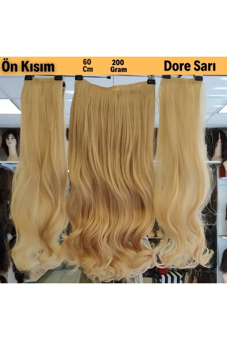 1 Adet  YarımAy ÇıtÇıt Dalgalı 2 Adet Yan ÇıtÇıt Dalgalı Fiber Sentetik Postiş Saç Dore Sarı Renk Kodu 15