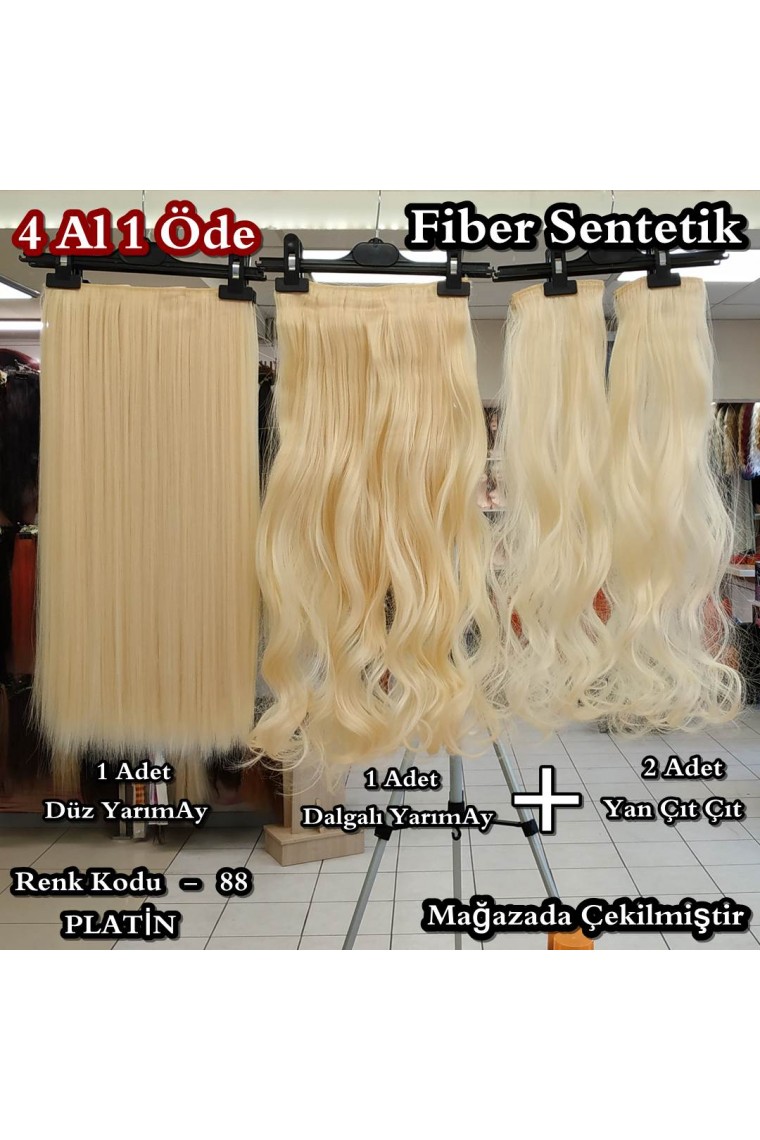 1 Adet YarımAy Çıt Çıt Düz 1 Adet  YarımAy ÇıtÇıt Dalgalı 2 Adet Yan ÇıtÇıt Dalgalı Fiber Sentetik Postiş Saç Platin Renk Kodu 88