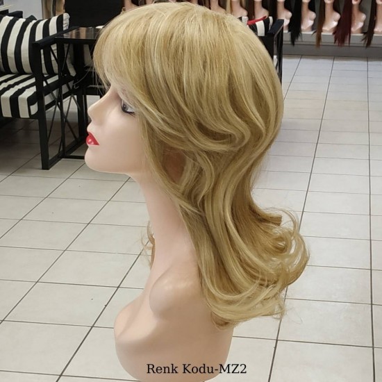 Orta Model Ankara Bayan Fiber Sentetik Peruk Platin Karamel Röfleli