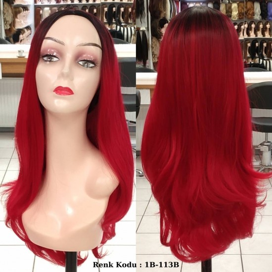 Ankara Renkli Fiber Sentetik Peruk Siyah Kırmızı Ombre