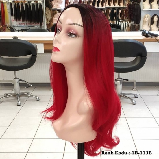 Ankara Renkli Fiber Sentetik Peruk Siyah Kırmızı Ombre