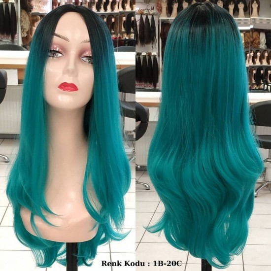 Ankara Renkli Fiber Sentetik Peruk Siyah Yeşil Ombre