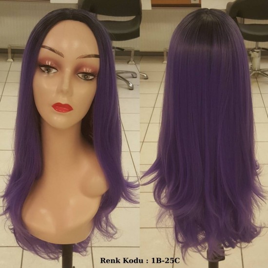 Ankara Renkli Fiber Sentetik Peruk Siyah Lila Ombre