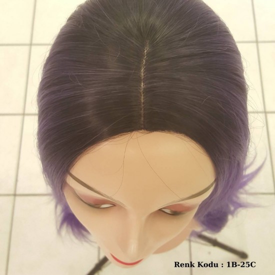 Ankara Renkli Fiber Sentetik Peruk Siyah Lila Ombre