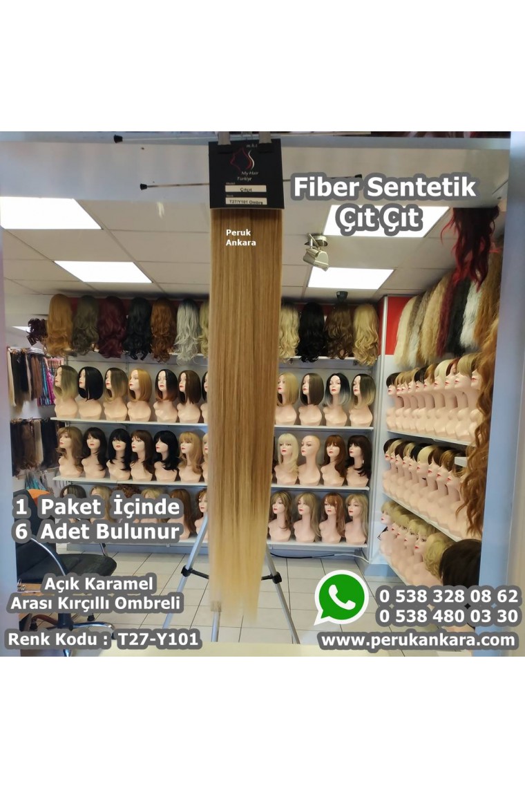 Fiber Sentetik Çıt Çıt Saç Postiş 6 Adet 150 Gram 65 Cm Açık Karamel Arası Kırçıllı Ombreli Renk Kodu T27/Y101