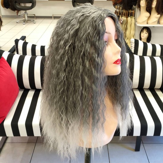 Ankara Kızılay Peruk Uzun Fiber Sentetik Su Dalgası Açık Gri Ombre