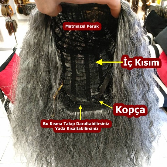 Ankara Kızılay Peruk Uzun Fiber Sentetik Su Dalgası Açık Gri Ombre