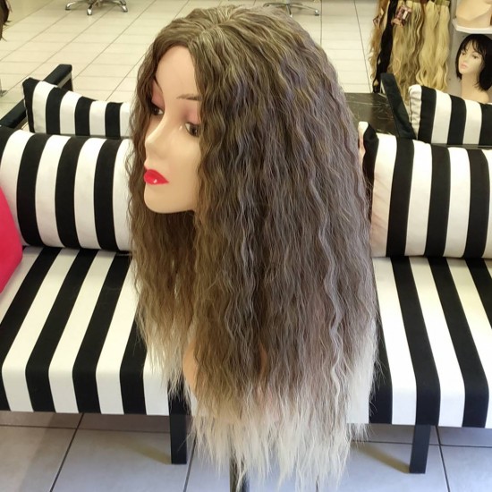 Ankara Kızılay Peruk Uzun Fiber Sentetik Su Dalgası Kumral Koyu Platin Ombre